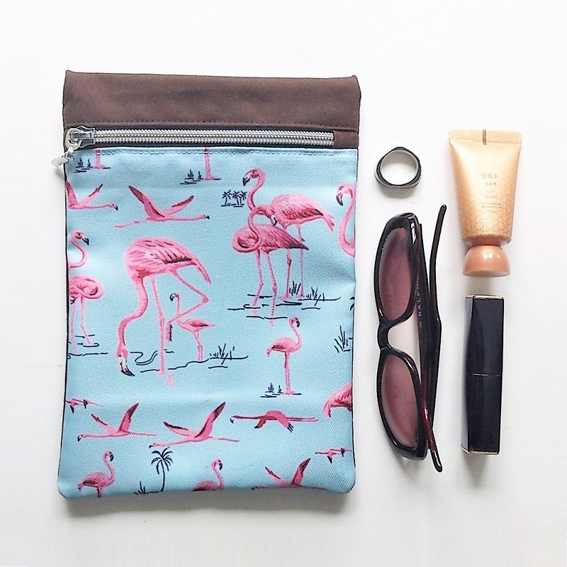 【In Stock】Long Zippered Pouch (Flamingo x Brown Blue) - Toiletry Bags & Pouches - Cotton & Hemp 