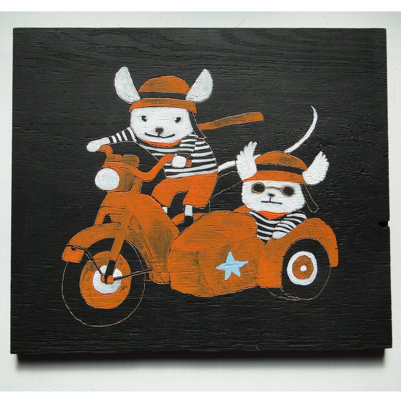ネズミとバイクのウッドバーニングアート 原画 絵画 動物の絵 木雑貨 木工 アナログイラスト アクリル画 - 海報/掛畫/掛布 - 木頭 黑色