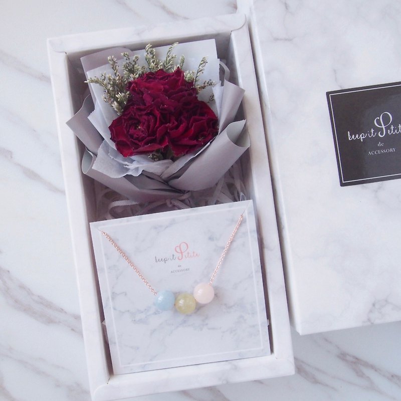【氣質玫瑰禮盒套裝】乾燥玫瑰花束 摩根石玫瑰金色項鍊 閨蜜禮物 - 項鍊 - 水晶 粉紅色
