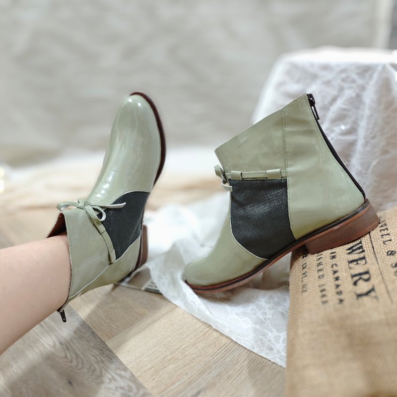 Low-top short boots Taiwan handmade genuine leather women's leather shoes genuine leather boots pointed-toe boots low-heeled wide-last shoes - milk green - Women's Booties - Genuine Leather 