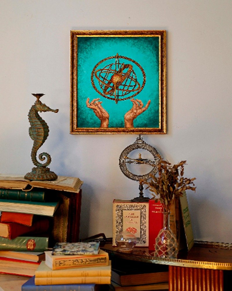 Celestial Armillary sphere Fantasy Gift, Steampunk Still Life original oil paint - Illustration, Painting & Calligraphy - Eco-Friendly Materials Gold