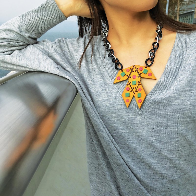 Geometry Colour Block Leather Necklace - Chokers - Genuine Leather Yellow