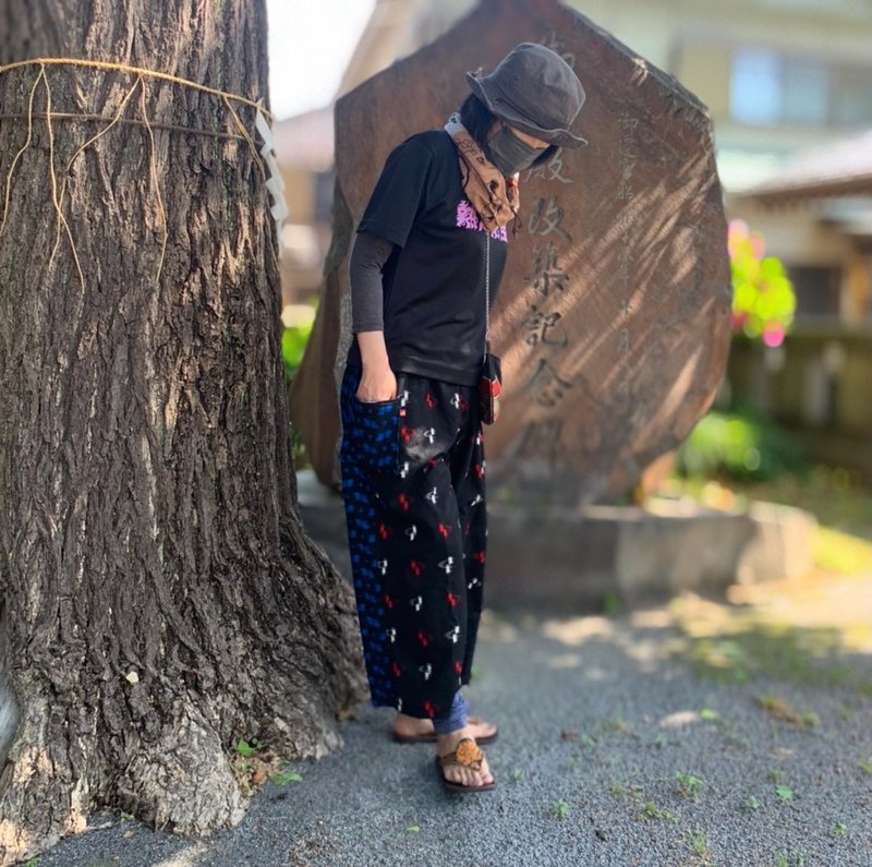 和服翻新褲黑色×青色 - 中性長褲/短褲 - 羊毛 黑色