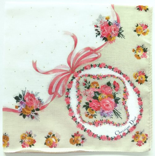 orangesodapanda Christian Dior Vintage Handkerchief Floral Bouquet Red Ribbon 19 x 19 inches