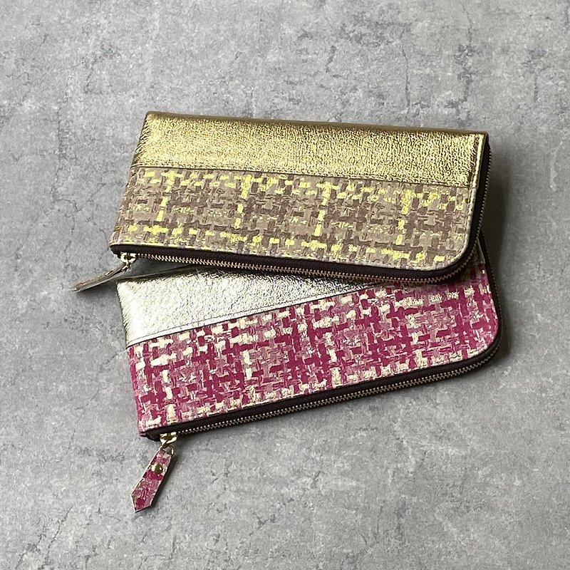 Tweed pattern slim long wallet L-shaped beige - กระเป๋าสตางค์ - หนังแท้ สีทอง