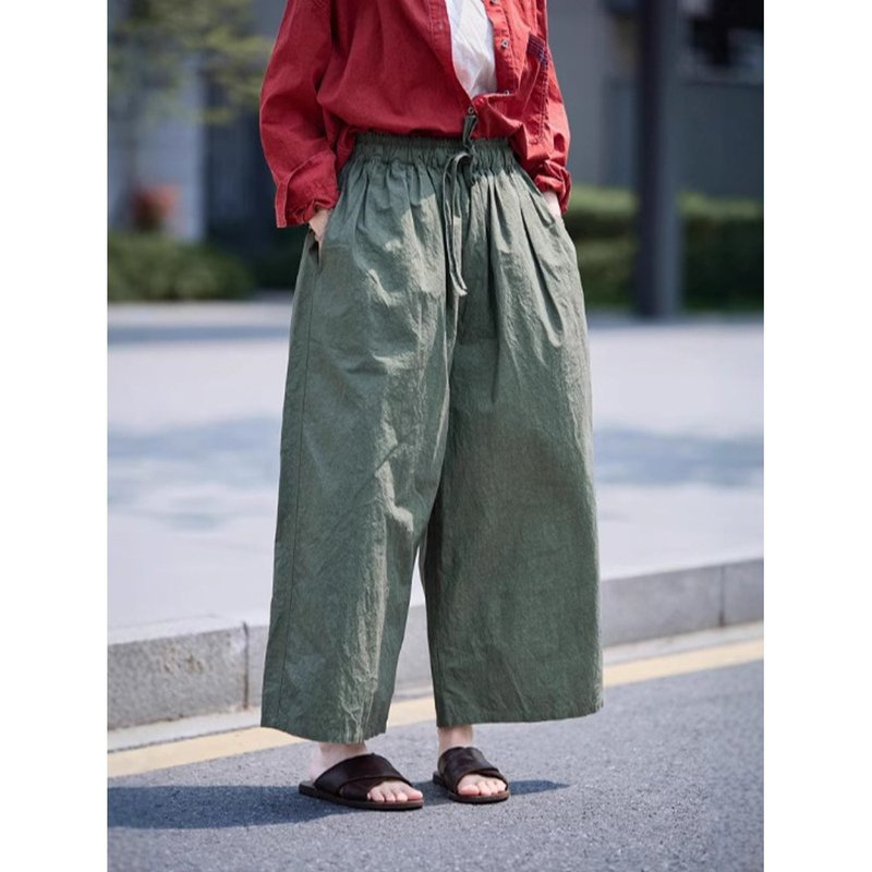橄欖綠日曬干棉寬松輕薄闊腿褲 - 女長褲 - 棉．麻 