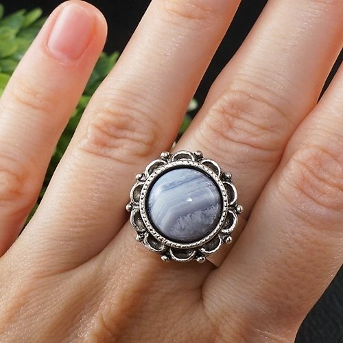 AGATIX Light Blue Lace Agate Adjustable Ring Lavender Silver Flower Ring Woman Jewelry