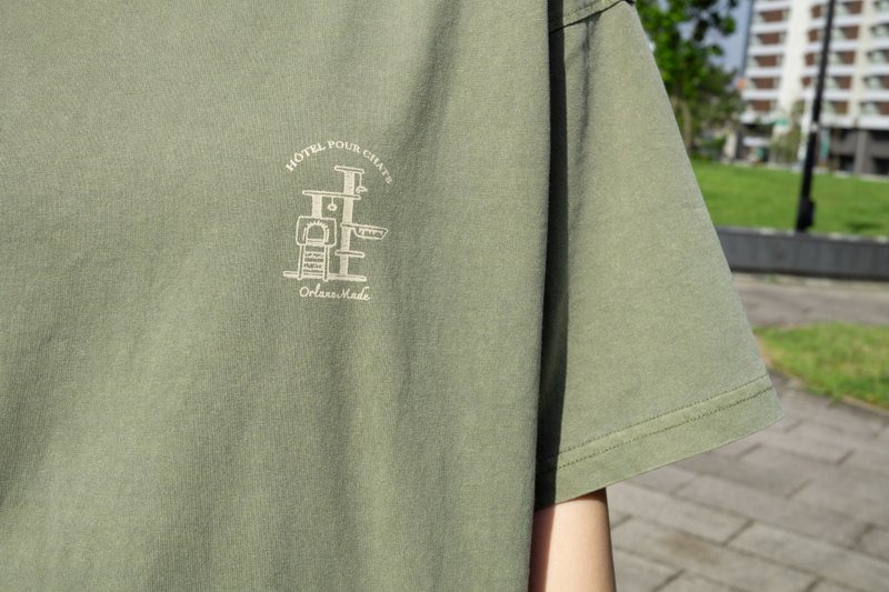 Vintage washed short-sleeved Cat Castle T-shirt - Women's T-Shirts - Cotton & Hemp Khaki