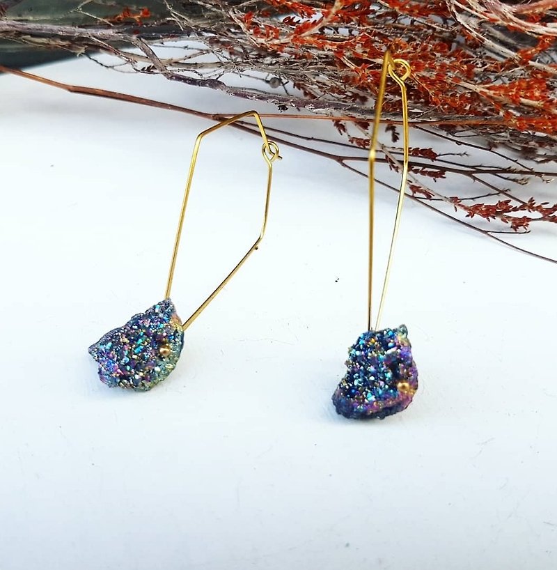 Copper hand made _ rainbow color quartz stone crystal geometry copper hand made _ earrings - Earrings & Clip-ons - Gemstone Multicolor
