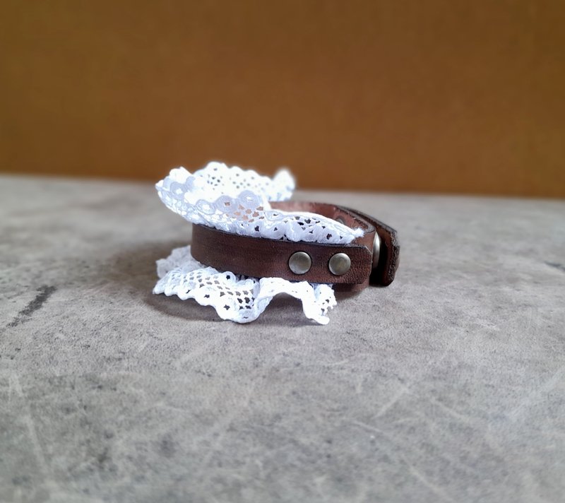 Brown Leather Cuff Bracelet with White Lace - Bracelets - Genuine Leather Brown