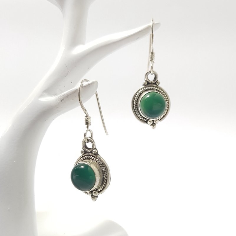 【ColorDay】綠瑪瑙古典純銀耳環_5月誕生石_Green Agate Silver Earring_グリーンメノウ瑪瑙 - 耳環/耳夾 - 寶石 綠色