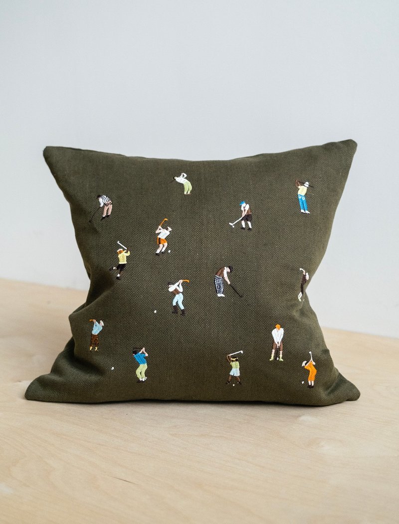 北歐設計師款 – 刺繡抱枕套 GOLFERS EMBROIDERED CUSHION COVER - 枕頭/抱枕 - 棉．麻 綠色