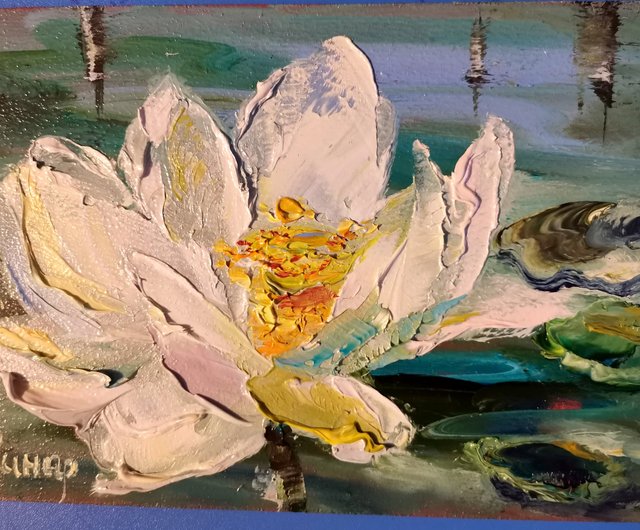睡蓮の池の油絵アート オリジナル 厚塗りの花 額入りアーティスト 