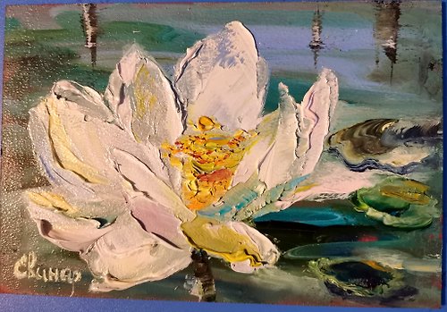 Original oil painting artist Svinar Oksana Water Lilies Pond Oil Painting Art Original Impasto Flowers Framed Artist Svinar