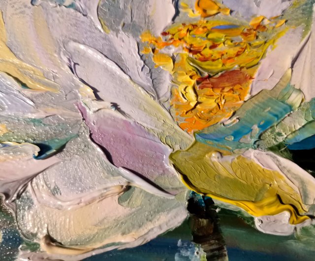 睡蓮の池の油絵アート オリジナル 厚塗りの花 額入り 睡蓮の池の油絵アート オリジナル 厚塗りの花 額入り