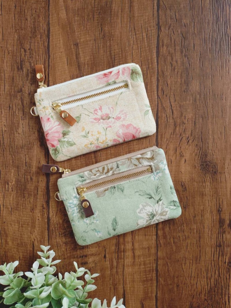 【FWL/三層小錢包】秋日玫瑰 復古鄉村風 日本布 棉麻布 帆布 - 零錢包/小錢包 - 棉．麻 卡其色