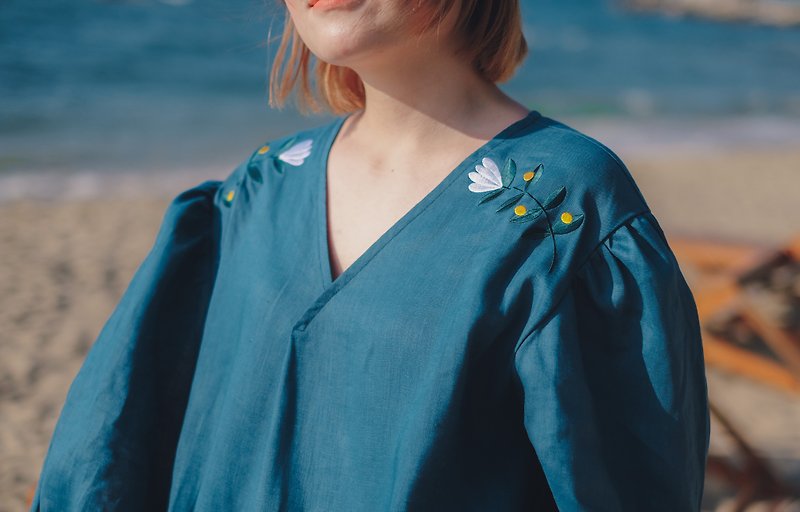 【Off-season sale】Blossom Linen Dress : Sea Breeze Color - One Piece Dresses - Cotton & Hemp Blue