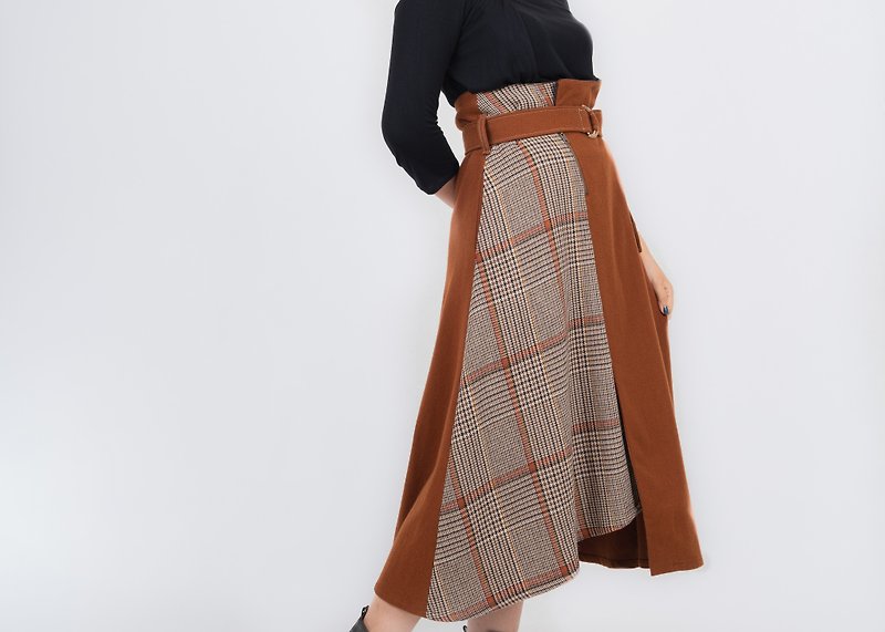 不對稱A字傘狀裙 - 焦糖格紋棕 - 裙子/長裙 - 羊毛 咖啡色