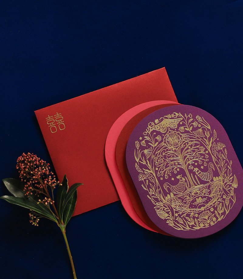 ゴールドの中国風の結婚式の招待状結婚式の招待状楕円形の金箔が先導する鶏肉のサンプル料金 - カード・はがき - 紙 レッド