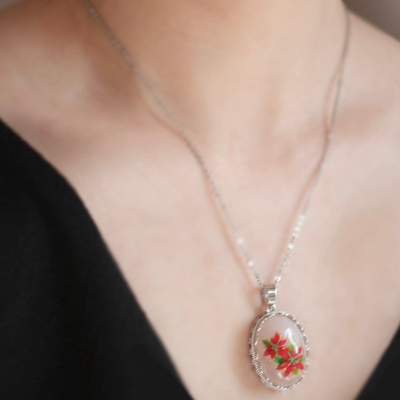 ネックレス ローズクォーツ ポインセチアのクリスマスペンダント 金沢箔24K・天然石 冬ギフト 秋冬 - 項鍊 - 石頭 粉紅色