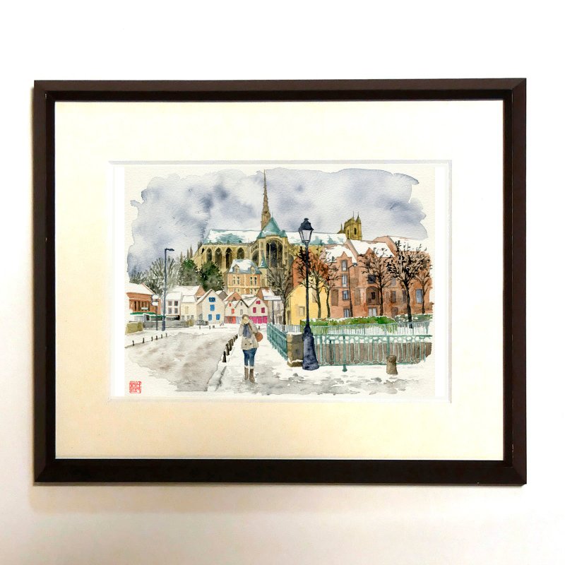 | 雪染めのアミアン大聖堂 |　水彩画/複製画/額装品 - 海報/掛畫/掛布 - 紙 