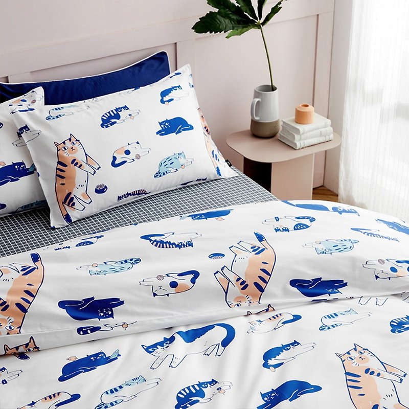 Qunmei Meow single double bed single/bed package hand-painted cat 40 cotton bedding pillowcase quilt cover sold separately - เครื่องนอน - ผ้าฝ้าย/ผ้าลินิน ขาว