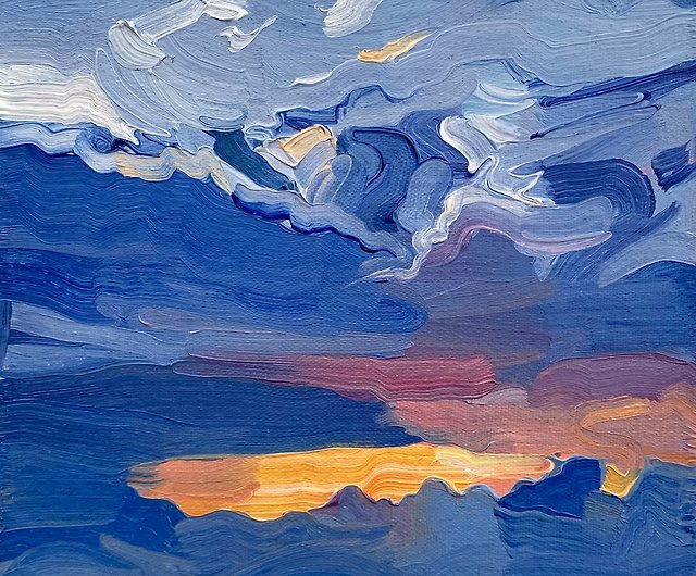 明るい夕焼け空を描いたオリジナル油絵。キャンバスパネルに油彩