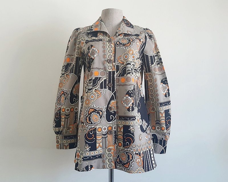 XS Vintage Brown Black Baroque Print Blouse Womens Long Puff Sleeve Shirt - 女上衣/長袖上衣 - 聚酯纖維 咖啡色