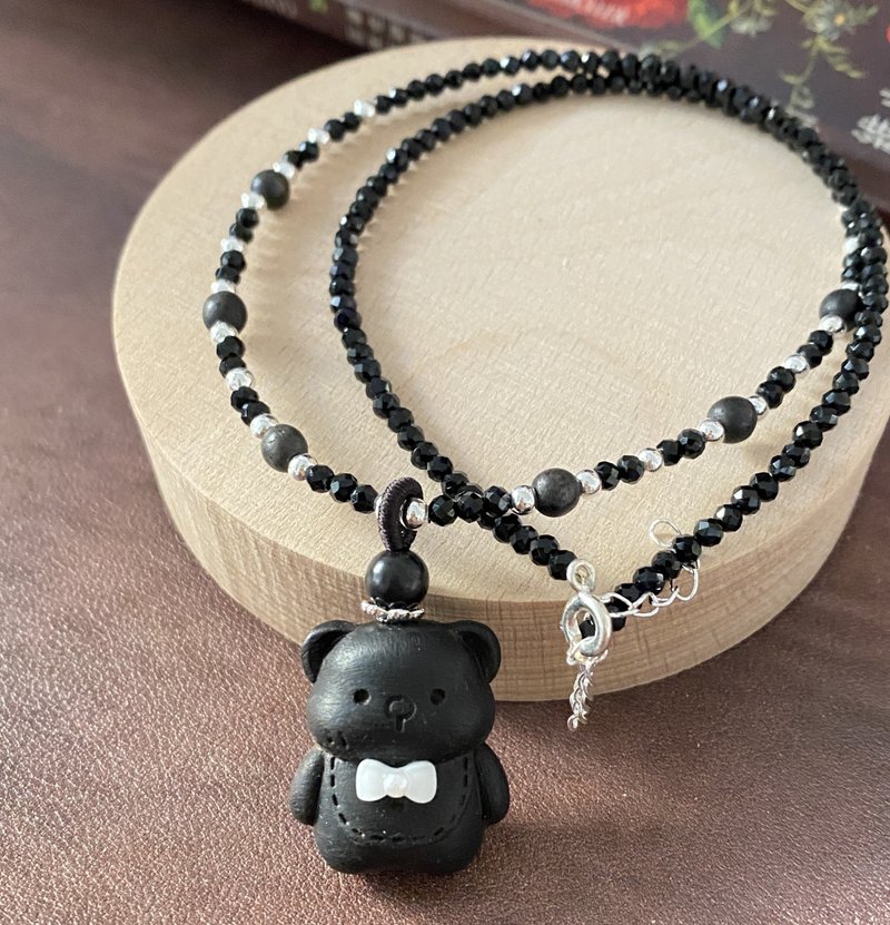 ʚ(圓的兔几)ɞ 木頭項鍊 ๑沉香小熊x黑尖晶 - 項鍊 - 木頭 黑色