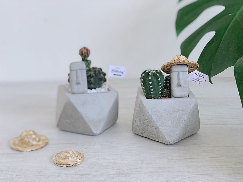 [24H shipping. Creative decorative plants] Moai Cactus Geometric Cement Plants - ตกแต่งต้นไม้ - ปูน สีเทา