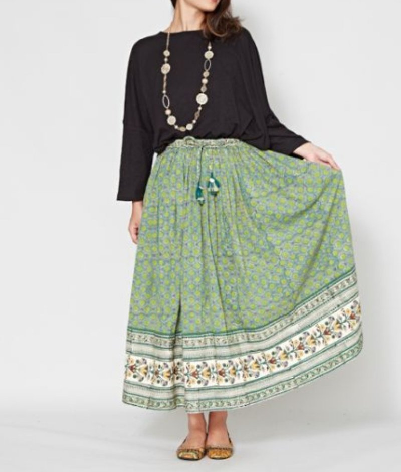 [Hot pre-order] Indian pattern floral dress IAC-9327 gift ethnic style - Skirts - Cotton & Hemp Green