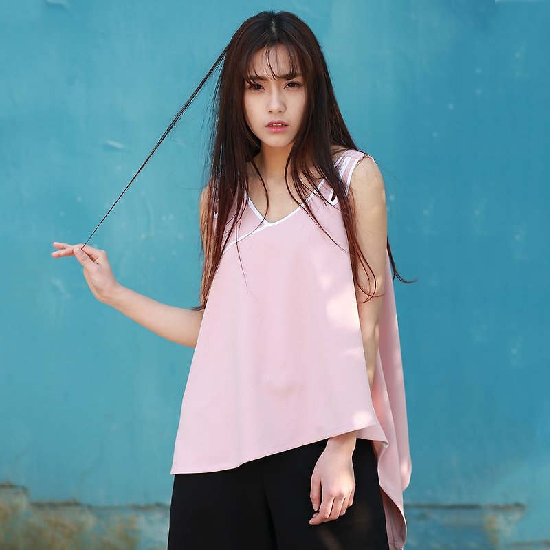 不規則なベストハーネスの周り陳庭妮オリジナルデザイン2016年夏新文学ファッションの女性の白い縁取り - Tシャツ - その他の素材 ピンク