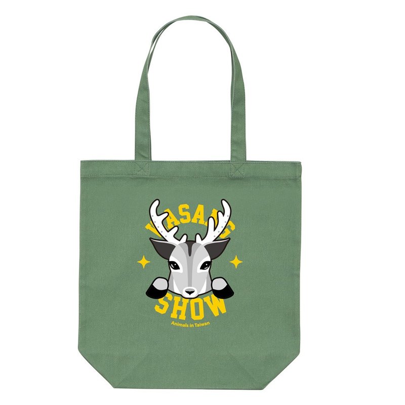 [Forest Animal Series] White Deer Canvas Tote Bag (Grass Green) - กระเป๋าถือ - ผ้าฝ้าย/ผ้าลินิน สีเขียว