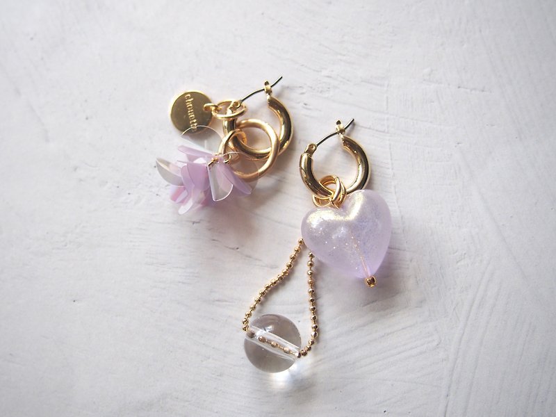 heart charm pierce/earring(light amethyst) - 耳環/耳夾 - 半寶石 紫色