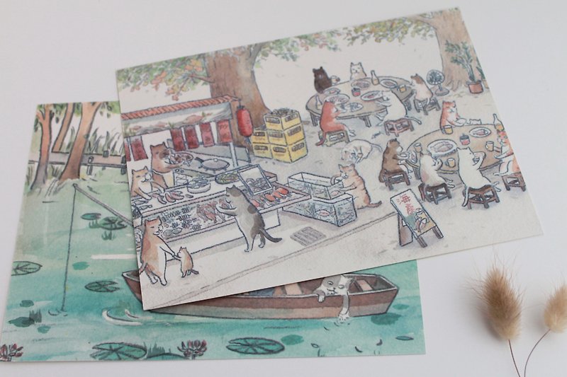 【船釣り・海鮮屋台】5×7大判ポストカード/オリジナルポストカード/カード/小さな絵 - カード・はがき - 紙 