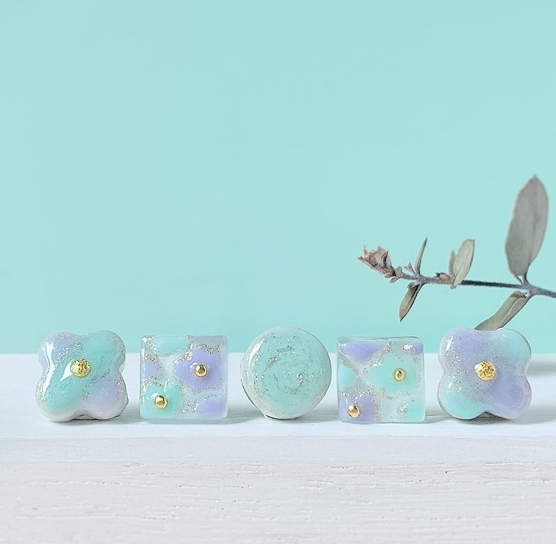 [Mint Green] Mint Purple Flower lover Earrings Summer Clip-On Mino Ware Glass - Earrings & Clip-ons - Pottery Green