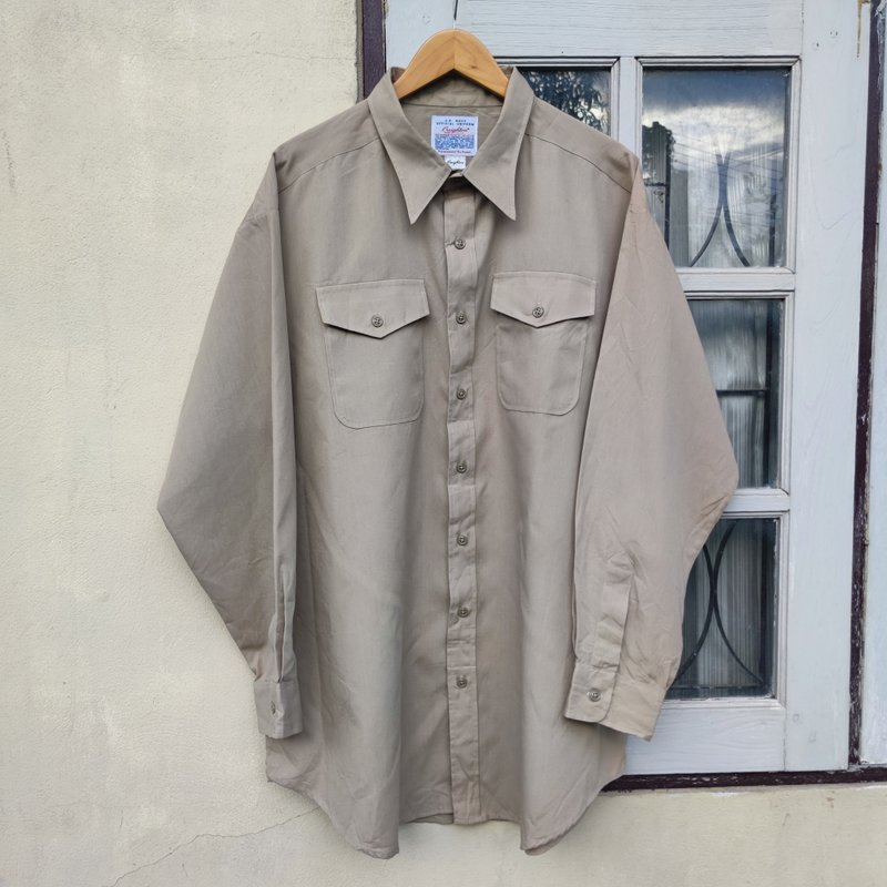 Vintage 70s U.S. Navy Official  Creighton Khaki Military Uniform Shirt - 男襯衫/休閒襯衫 - 棉．麻 卡其色