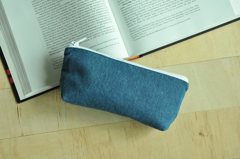 ENDURE / Large size pencil case / Include 2 zipper pockets / Medium blue washed - Pencil Cases - Cotton & Hemp Blue