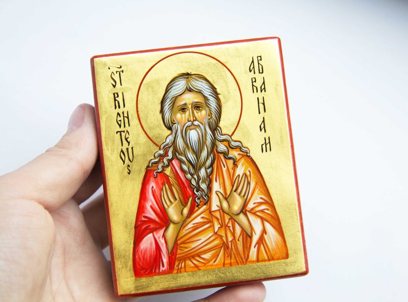 hand painted orthodox wood icon Saint forefather Abraham pocket size miniature - 其他 - 木頭 紅色