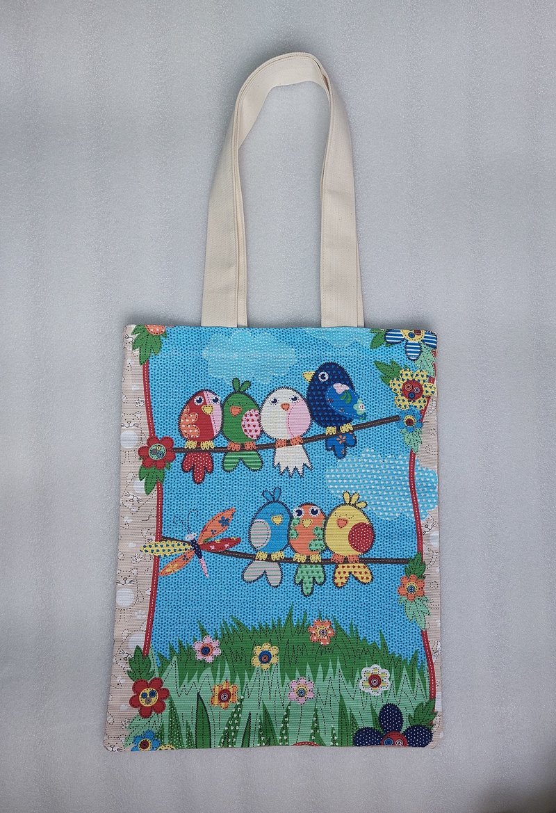 Strong reusable beige tote bag, eco friendly, cotton canvas bag with birds - 手提包/手提袋 - 棉．麻 橘色