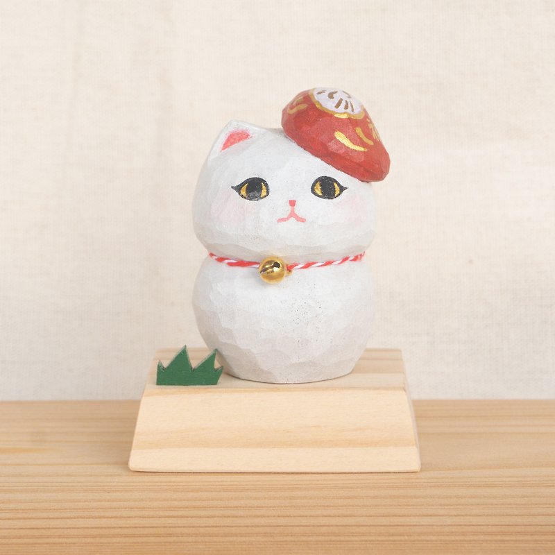 [Cat Carved Animal] Wood Carving Lucky Cat—Red Little Fortune - Items for Display - Wood White