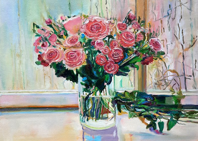 Roses  Art Still Life  Painting  Original Oil Art Wall Decor Oil On Canvas - 壁貼/牆壁裝飾 - 其他材質 粉紅色