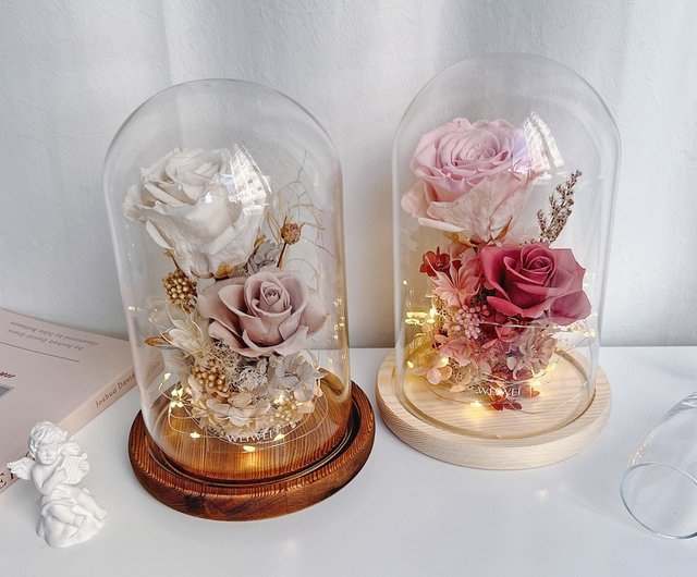 Eternal rose, preserved rose in glass dome, with light