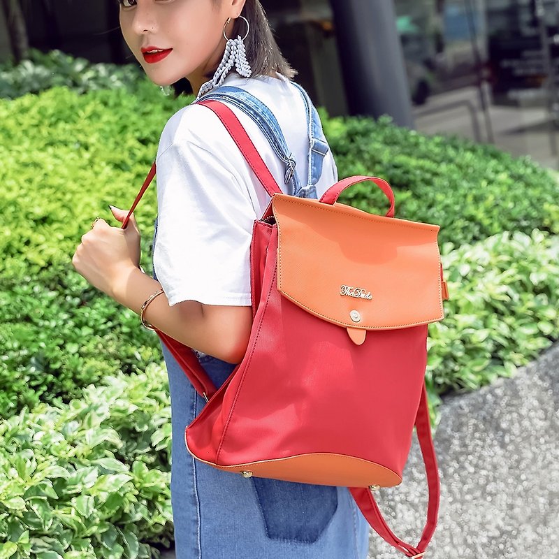 Backpack dual-use shoulder bag cross grain leather waterproof fabric Nova - light red - กระเป๋าเป้สะพายหลัง - วัสดุกันนำ้ สีแดง