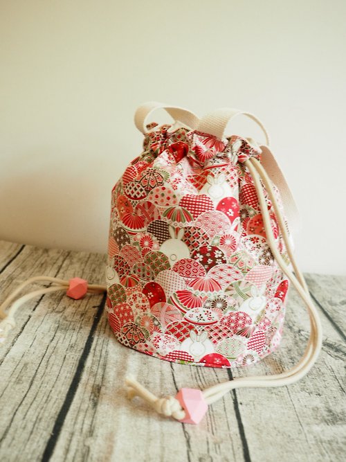 sunflowercorsage 手工縫製 側肩包帆布水桶包手袋 和風紅色汽球小兔圖案