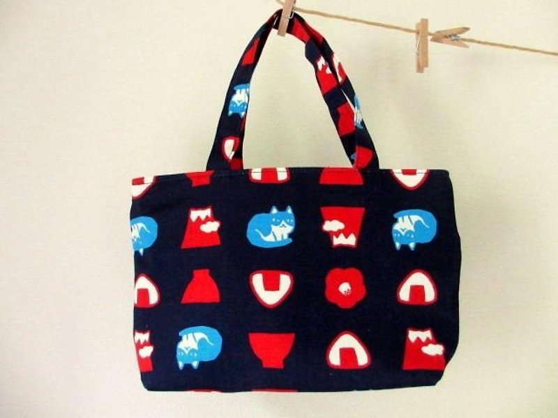 Cat's mini handbag * Cat and rice ball with Mt. Fuji * Navy - Handbags & Totes - Cotton & Hemp Blue