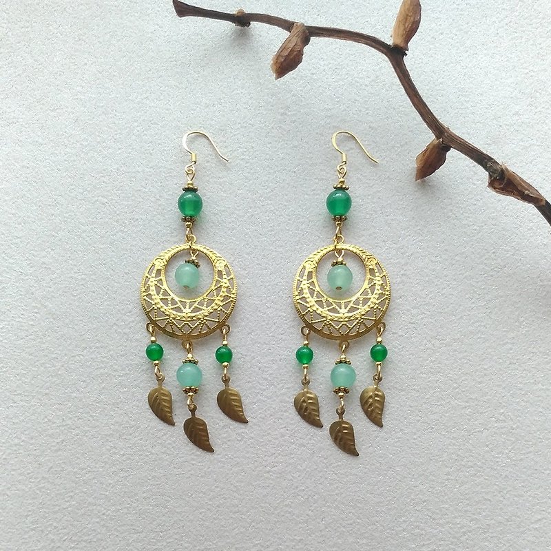 Classical 1- ec01 Bronze pin clip earrings agate - ต่างหู - เครื่องประดับพลอย สีเขียว