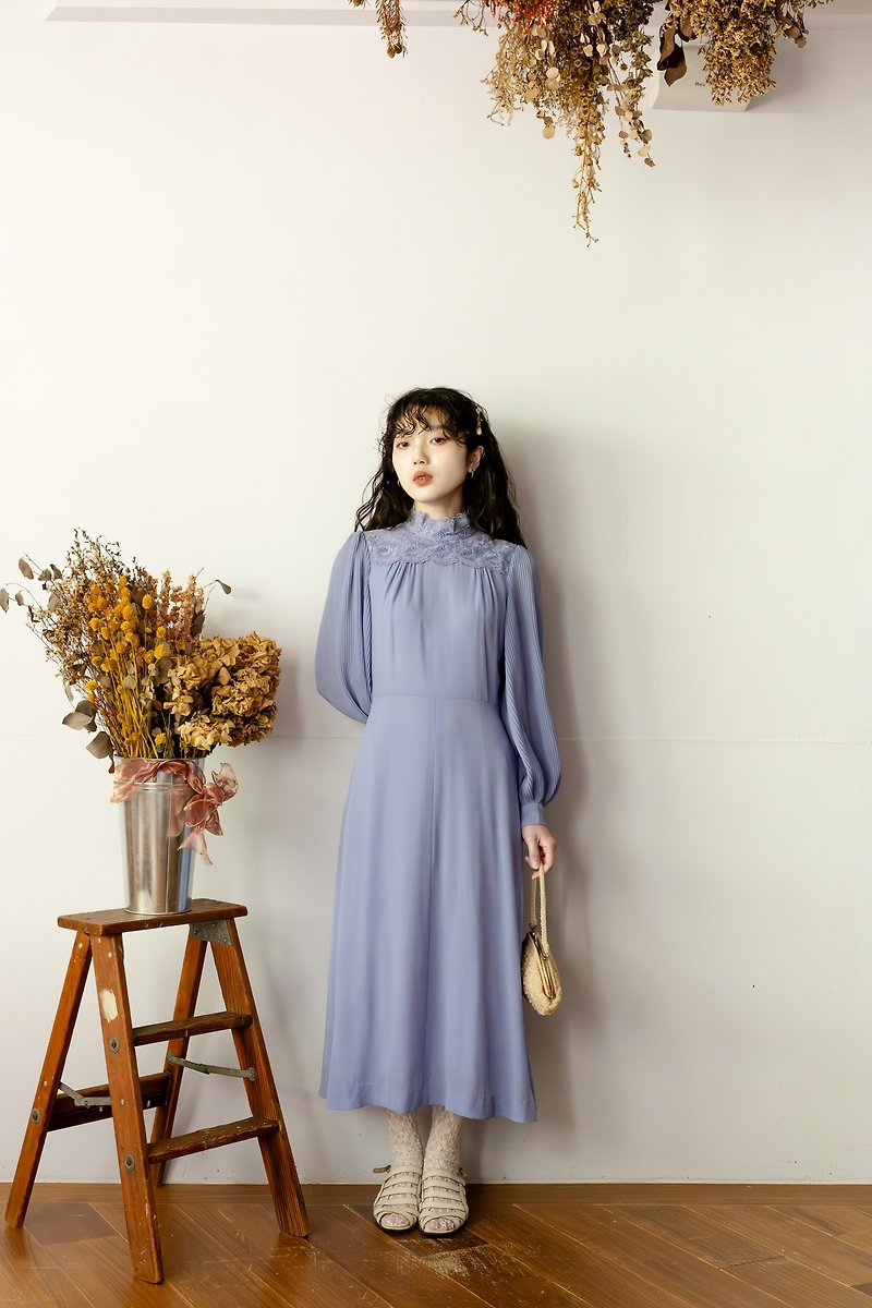Niao Niao Department Store-Vintage lavender stand collar lace pleated sleeves long dress - One Piece Dresses - Polyester 
