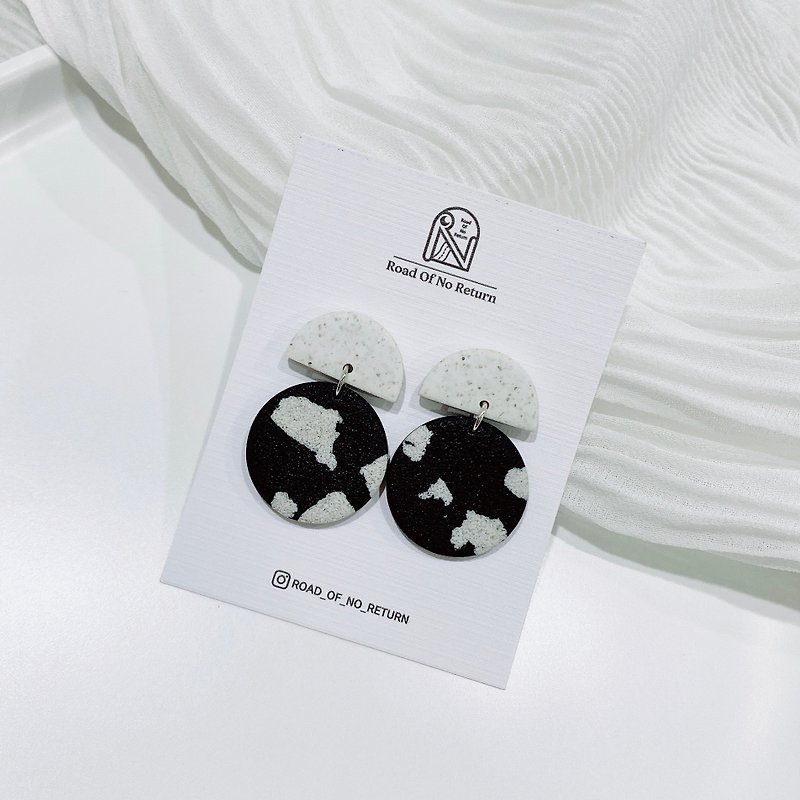 陶 耳環/耳夾 黑色 - 軟陶耳環|黑白斑剝花崗岩|高品質醫療級不鏽鋼耳針