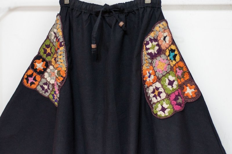 Crochet knit dress pocket / national wind skirt / flower cotton Linen skirt / black flower style vegetable dyes skirt- - กระโปรง - ผ้าฝ้าย/ผ้าลินิน หลากหลายสี
